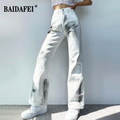 Ladies' Classic Tie-dye and Ink-sprayed Distressed Jeans Womens Retro High Waist Loose Straight-leg Pants Flared Trousers 5XL