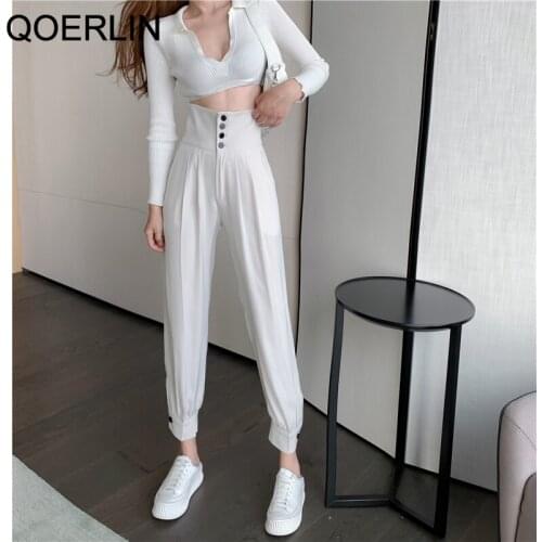 QOERLIN Fashion Women Harem Pants Chic Ladies High Waist Single Breasted Straight Trouser Street Loose Korean Pant Plus Size