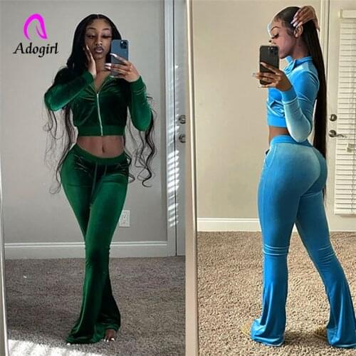Fitness Solid Velour Two Piece Set Women Simple Casual Zipper Long Sleeve Turtleneck Top Slim Female Wide Leg Pants Tracksuits
