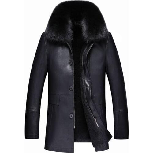 -30 degree warm leather jacket for rabbit Fur collar one winter jacket new mens winter fashion thick warm winter leather jacket
