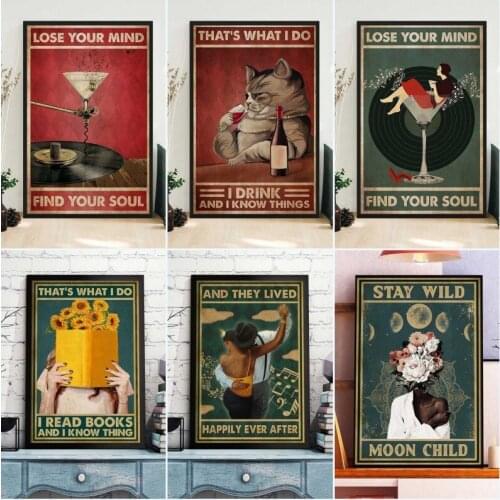 Abstract Girl Canvas Painting Poster Lose Your Mind Find Your Soul Inspirational Quote Wall Art Prints Girl Picture Vintage Deco