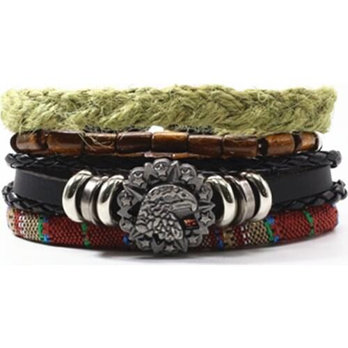 Eagle Green Ethnic Wood Beads Handmade Leather Men Bracelets Set Women Vintage Bangle Male Homme Men Jewelry Accessories