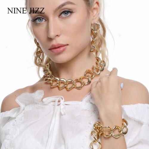 NINEJIZZ Hip Hop Exaggerated Cuban Big Chunky Chain Necklace Pendant Bracelet Earrings Set Maxi Lock Choker Men Women Jewelry