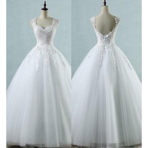 2021 Sleeveless Floor Length Tulle Lace Elegant Backless Ball Gown Lace-up Wedding Dress Bride Gown Vestidos De Novia