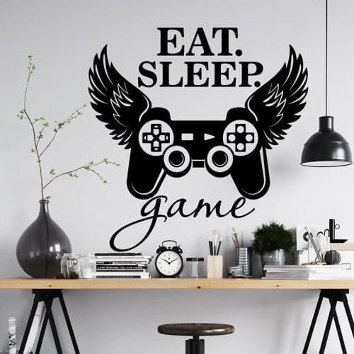 Game Wall Decal Playroom Decor, Eat Sleep Game Vinyl Sticker, Wings Joystick Video Game Decal For Teen Boy Room Decoration 2273
