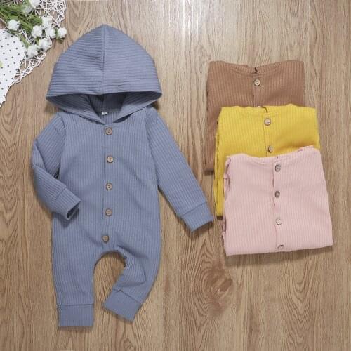 Brand New Autumn Baby Boy Girls Hooded Jumpsuit Button Solid Ribbed Long Sleeve Casual Clothing Unisex Single Breasted Outfits