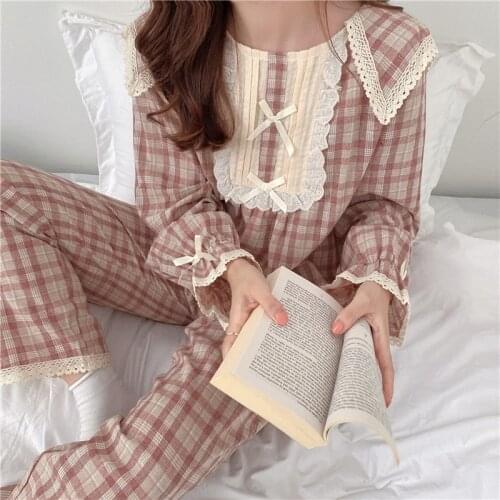Lolita princess pajamas set women loose lacework bow tie plaid home suit long sleeve top pants 2 pcs homewear pink green Y195