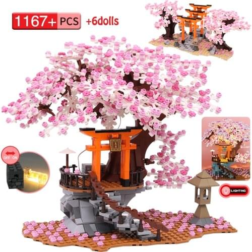 City Street View Shrine Sakura Building Blocks Cherry Blossom Classic Moc House Tree Brick Kids Construction Toys Children Gift