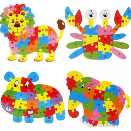 Childrens Intelligence Toy Cognition English Letter Building Blocks Wood Animal Jigsaw Baby Educational Toys Kid Gifts Y029