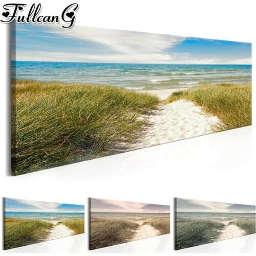 FULLCANG full drill large diy 5d diamond painting sandy beach ocean water and grass seascape mosaic embroidery decoration FC1977