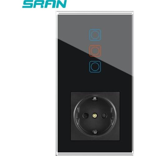 SRAN Sensor Switch,Power Socket With Light Switch 3Gang 1Way,Vertical Installation Crystal Glass Panel 153mm*86mm