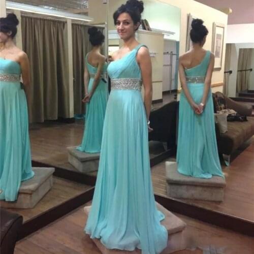 Beaded One Shoulder A-Line Chiffon Long Sleeveless Prom Dress Evening Gowns Floor Length Prom Gown