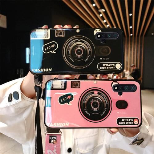 For Huawei Y6 Y7 Prime 2018 Case Blue Ray Camera Silicone Cover For Honor 9X Y5 2017 Y9 2018 Y6 Pro 2019 Coque with Long Strap