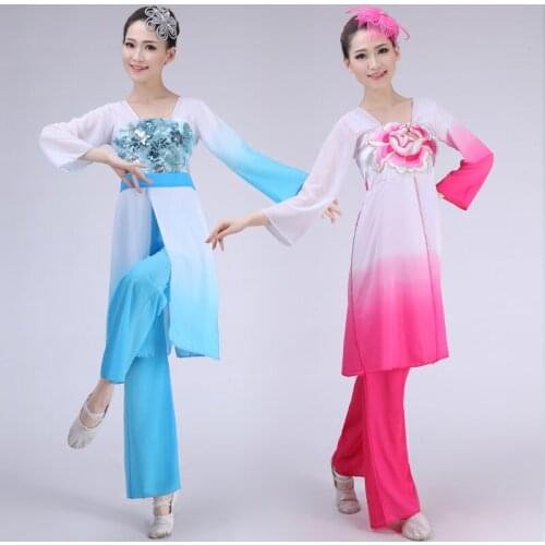 Blue /red Chinese National Dance Costume Women Yangko Dancing Dress with Headdress Chinese Fandancer Wear for Stage 16