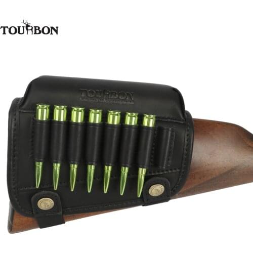 Tourbon Hunting Rifle Buttstock Cheek Rest Riser Black Genuine Leather Ammo Cartridges Bullet Holder Carrier Gun Accessories