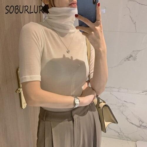 SOBURLUR 2021 Spring Korean Womens T-Shirts Turtleneck Crop Tops Woman Clothing Elegant All-match Tunics Casual Female Jumper