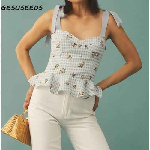 Vintage tank top women floral crop tops harajuku plaid tops sleevelss ruffle crop top shirt casual backless tops cute streetwear