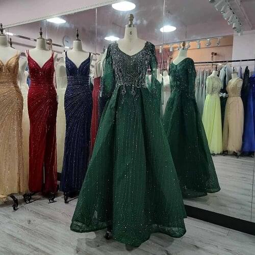 YQLNNE Elegant Emerald Rhinestones Evening Dresses Long Sleeve V Neck Embroidered Beaded Women Party Ball Gown