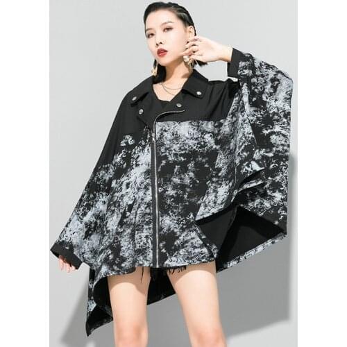 Spring Fad New Women Coat Plus Size Loose Fit Black Pattern Printed Big Feminine Jacket Lapel Long Batwing Sleeve Vogue