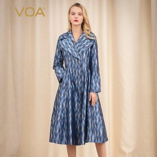 VOA Yarn-Dyed Large Jacquard Blue Large Lapel Long Sleeve Retro Court Style Long Expandable Womens Windbreaker F318