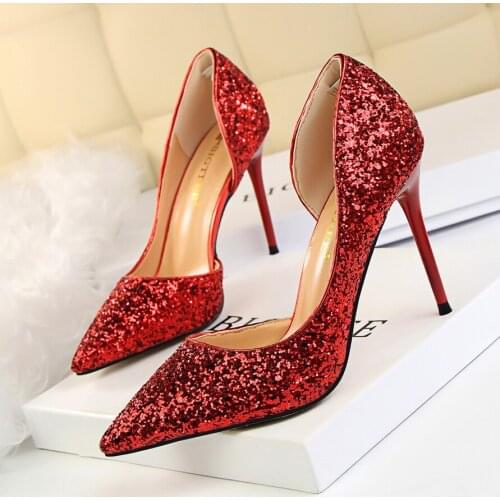 2020 Plus Size 43 Women 9.5cm High Heels Sexy Glitter Bling Scarpins Pumps Stiletto Wedding Bridal Prom Silver Valentine Shoes