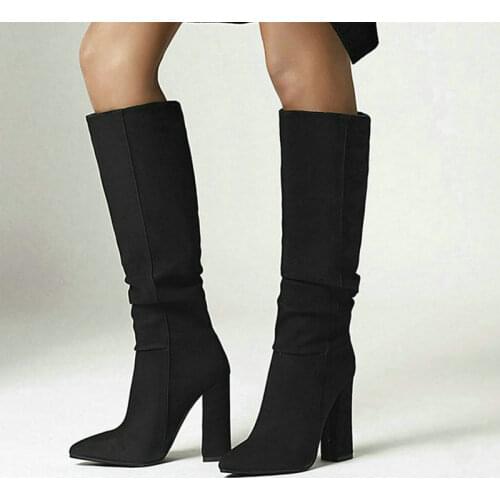 2020 New Faux Suede Women Knee High Boots Thick High Heel Pointed Toe Ladies Boots Pleated Female Winter Boots Big Size 34-43