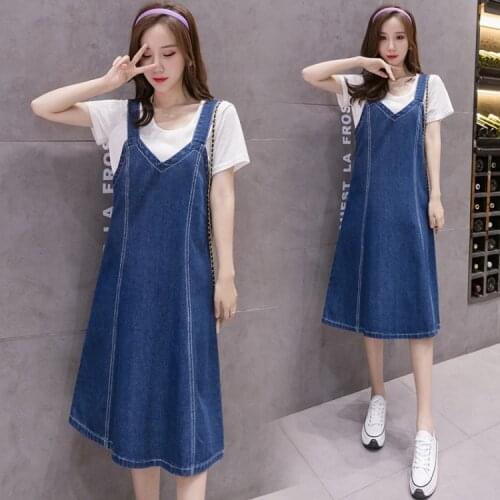 2021 Summer Women Denim Sundress Sarafan Overalls Dresses Korean Style Solid A Line Jeans Dress Vestidos Plus Size