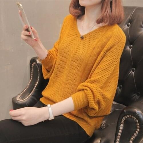 2021 Autumn New Women Sexy Hollow Out V Neck Loose Knitted Pullovers Female Korean Batwing Sleeve Solid Knitwear Sweaters Female
