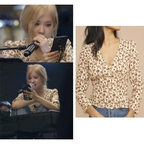 Kpop ROSE Summer Vintage Women Deep V-Neck Cardigan Shirt Streetwear Sexy Slim Floral Blouses Long Sleeve Ruffle Wild Short Tops