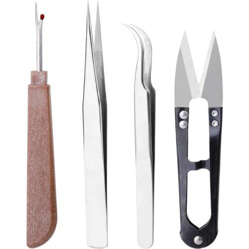 LMDZ 4pcs Seam Ripper Stitch Unpicker With Wood Handle Black Plain Yarn Scissors Two Styles Tweezers Sewing Accessories Tools