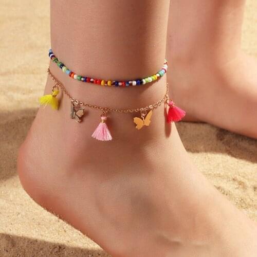 Bohemian Gold Color Butterfly Seed Beads Foot Chain Anklets Women Summer Beach Colorful Handmade Tassel Anklet Bracelet Jewelry