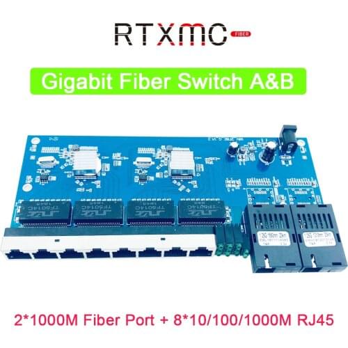 2G8E 1000M Gigabit Ethernet switch Ethernet Fiber Optical Media Converter Single Mode 8 Port RJ45 UTP and 2 SC fiber Board PCBA