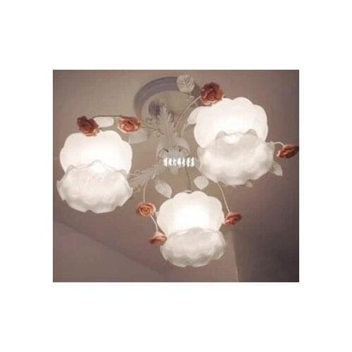 European-style garden living room Romantic Restaurants white wrought iron pink ceramic flowers glass lampshade Ceiling Lamp c133
