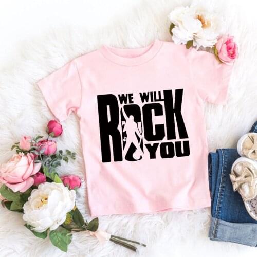 Boy We Will Rock U Letters Graphic Printed Pink Tshirts Summer New Fashion Kids T-Shirt Girls Tops Tee Childrens Casual T-Shirt