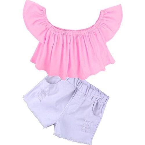 2 Pieces Girls Outfit Set One Shoulder Shirt +Ripped Hole Short Denim Kids Girls Fashion Tube Top Solid Pink White Short Jeans