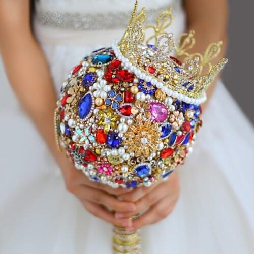 IFFO Royal wedding Crown bouquet Crystal pearl gem Customize bridal bouquet Golden Red Blues Bouquet Handmade wedding decor
