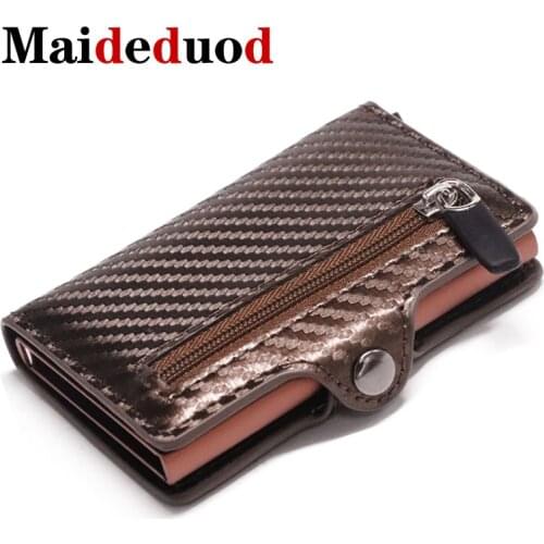 Maideduod Credit Card Holder 2019 New Aluminum Box Card Wallet RFID PU Leather Pop Up Card Case Magnet Carbon Fiber Coin Purse