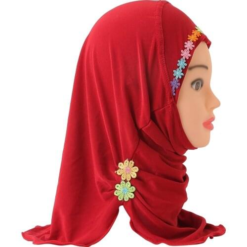 H041 Fit 2-7 years old small girl cute hijab caps with flowerbeautiful muslim scarf islamic headscarf hat amira pull on headwrap