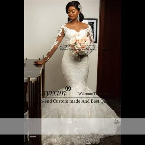 2020 Fashion African Mermaid Wedding Dresses Full Sleeve Lace Applique Bridal Gowns Illusion Back Bridal Dress robe de soiree