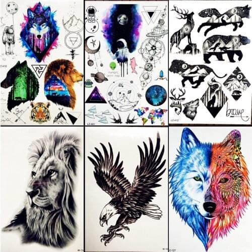 NEW! Water Color Fox Wolf Lion Head Temporary Tattoo Sticker Mountain Hill Fake Waterproof Fake Flash Tattoo Body Arm Forest Men