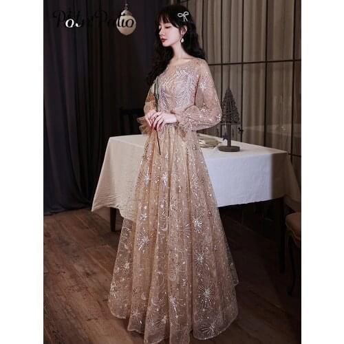Long Sleeves Modest Evening Dresses 2021 Elegant O-neck A-line Floor-length Sequin Tulle Women Fancy Birthday Party Gowns