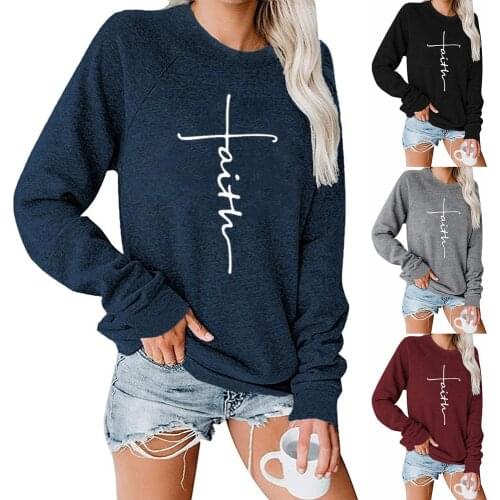 Autumn Winter Hoodies Sweatshirts Women Faith Embroidered Sweatshirt Long Sleeve Pullovers Cotton Christmas Casual Tops