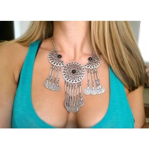 Necklaces & Pendants Collier Femme Bohemia Gypsy Jewelry Ethnic color Long Tassels Coins Maxi Necklace Blue Red Stone Necklaces