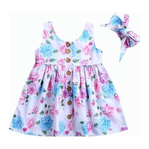 Kid Girls Dresses Toddler Infant Children Girl Floral Button Dress +Headband Sleeveless Summer Dresses