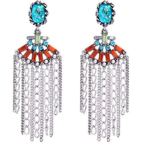 Bulk Price Blue / Orange Glass Fan-shape Sliver Alloy Tassel Earrings 2017 Vintage Statement Hanging Earrings Indian Jewelry