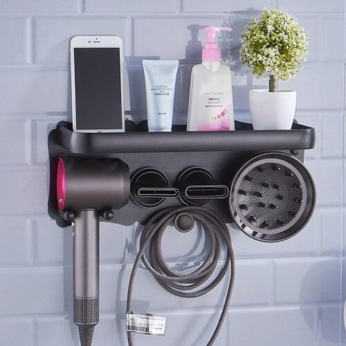 Universal Hair Dryer Holder Wall Mount Self Adhesive Black Silver Hairdryer Hanger Storage Rack For Dyson Bathroom Organizer