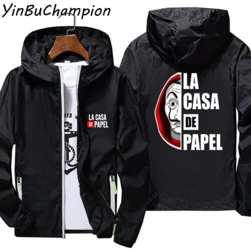 Mens Windbreaker La Casa De Papel Money Heist House Of Paper Thin Reflective Sunscreen Skin Hooded Coat Jacket Oversized 6XL