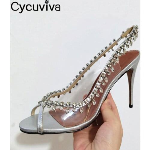 Sexy Rhinestone Crystal High Heels Shoes Woman Shallow Transparent Pumps Open Toe Clear PVC Slingback Party Bride Runway Shoes