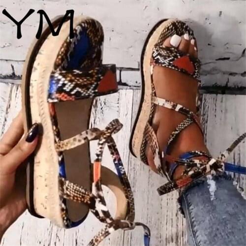 2020 Summer Women Snake Sandals Platform Heels Cross Strap Ankle Lace Peep Toe Fashion Beach Party Ladies Shoes Zapatos De Mujer