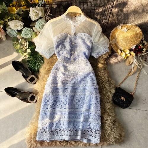 Blue Lace Dress Female Summer O-neck Mesh Patchwork Bodycon Dress High Waist Short Sleeve Vintage Mini Dress Woman Clothing 2021